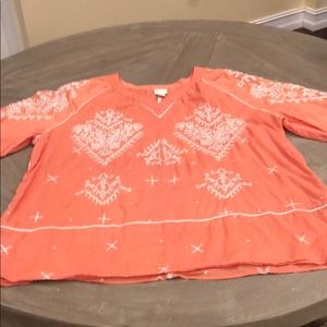 Chico’s orange boho tunic top with tan embroidery